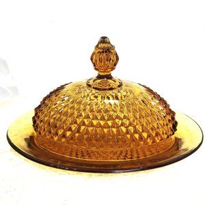 Indiana Glass Amber Diamond Point 70's  Oval Covered Butter Dish Vtg